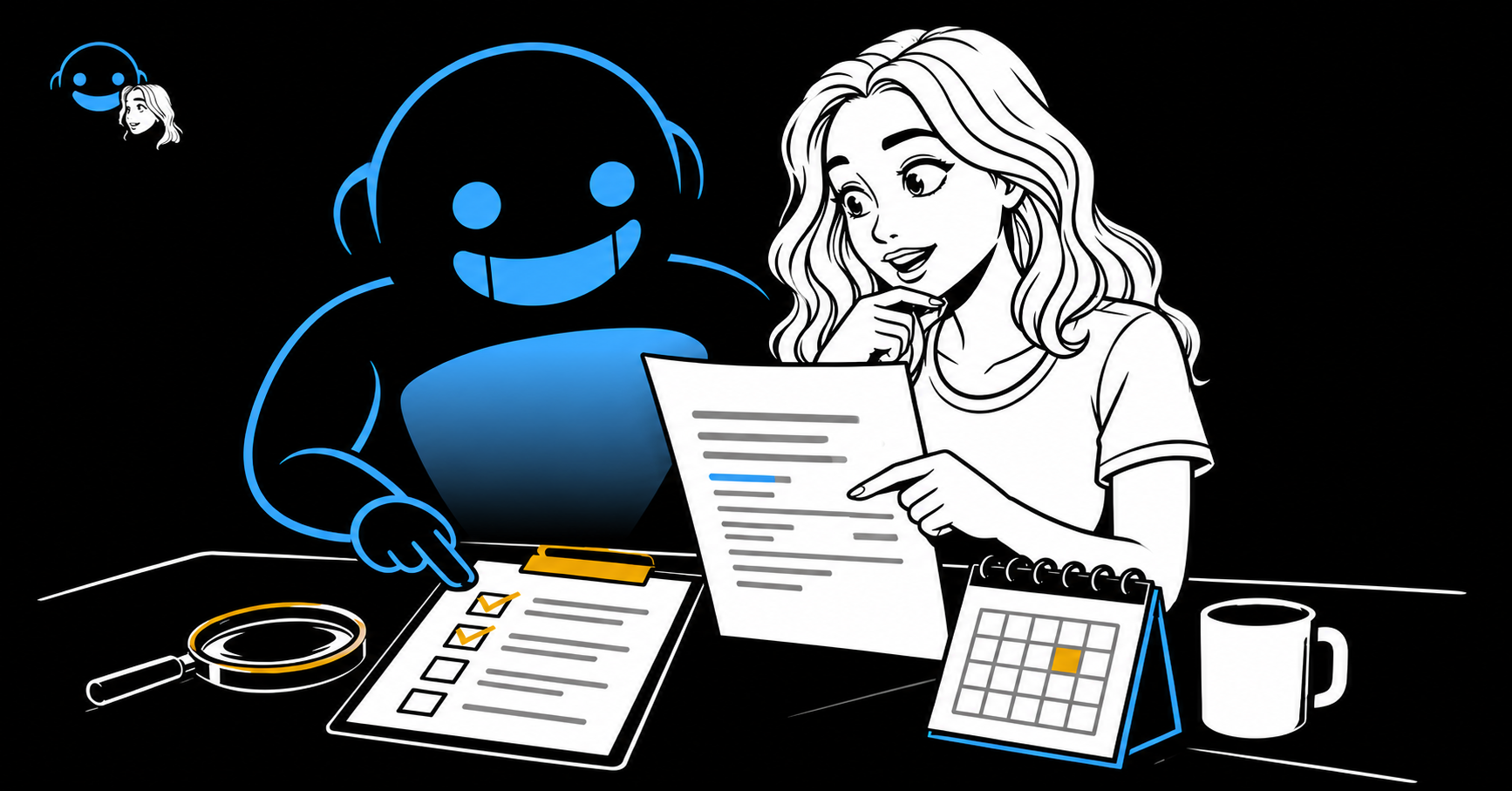 Der blaue Roboter und die junge Frau prüfen gemeinsam einen Beleg und eine Checkliste. Eine Lupe und ein Kalender liegen daneben; oben links steht das kleine AI-Handshake-Bildzeichen.